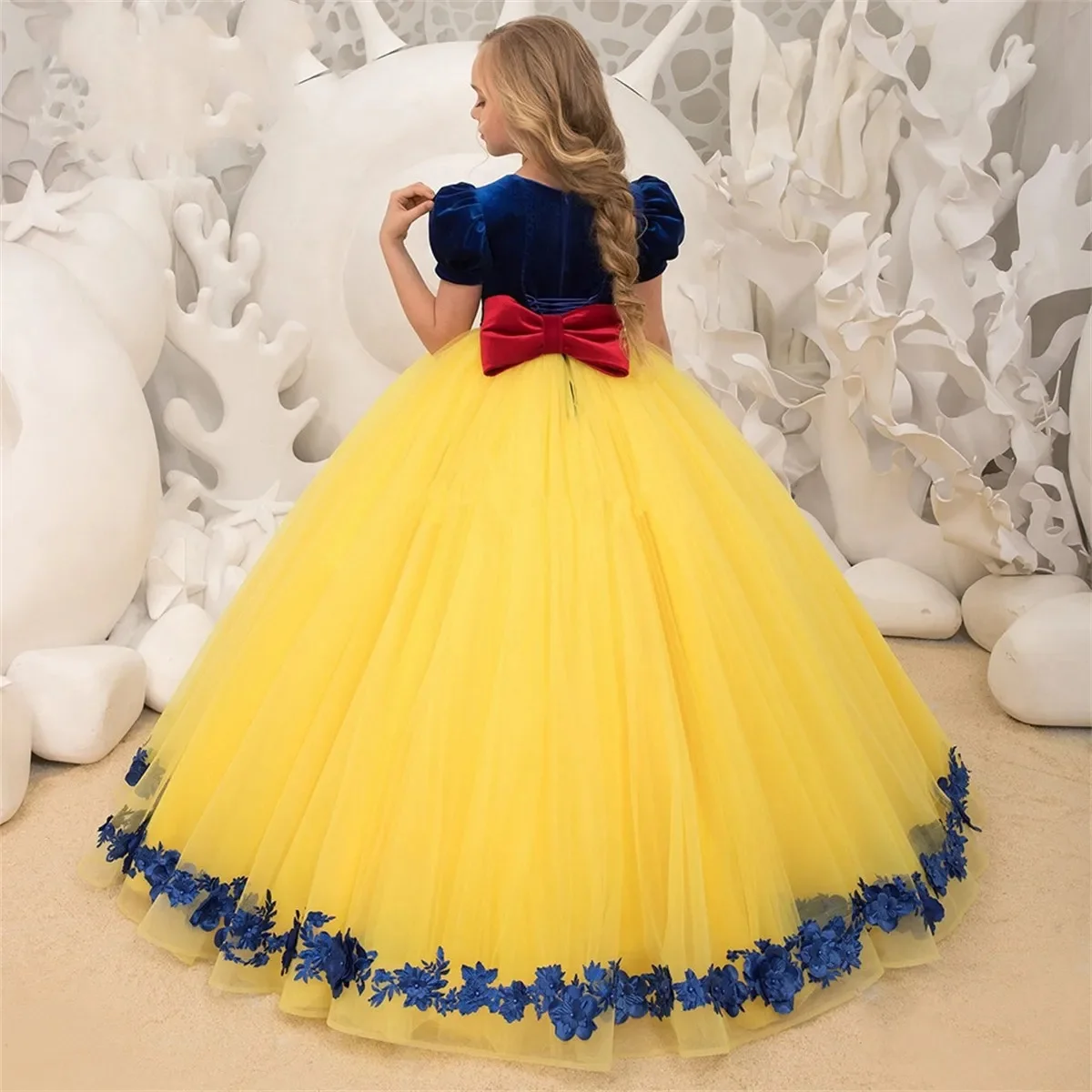 Vestido elegante de terciopelo con flores para niña, para boda, tul, apliques hinchados con lazo, princesa, primer vestido de fiesta de cumpleaños eucarístico