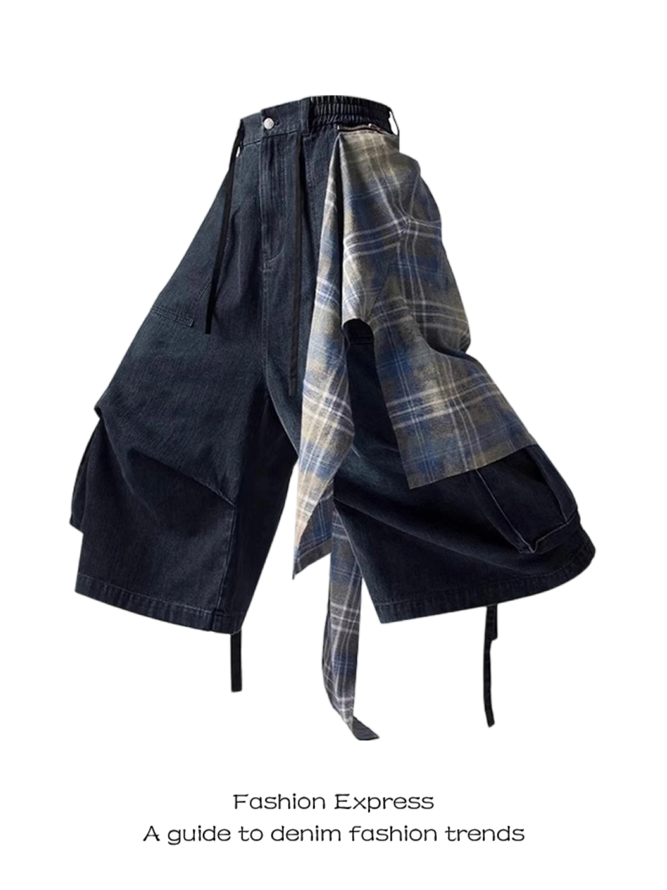 

American Plaid Removable Sa Waed Bamboo Denim orts High Waist Wide Leg Pants Casual Sle Seven Quarter Length Bla