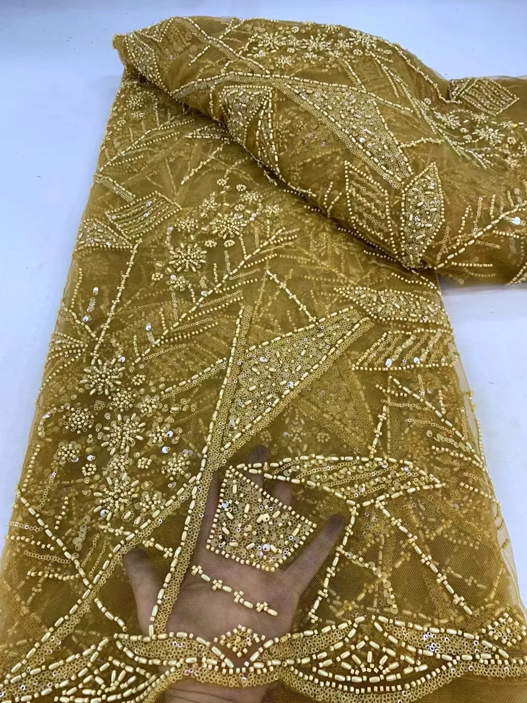 

African Heavy Beaded Lace Fabric 2025 High Quality Nigerian Sequin Pearl Lace French Tulle Fabric For Wedding Party Dress Sewing