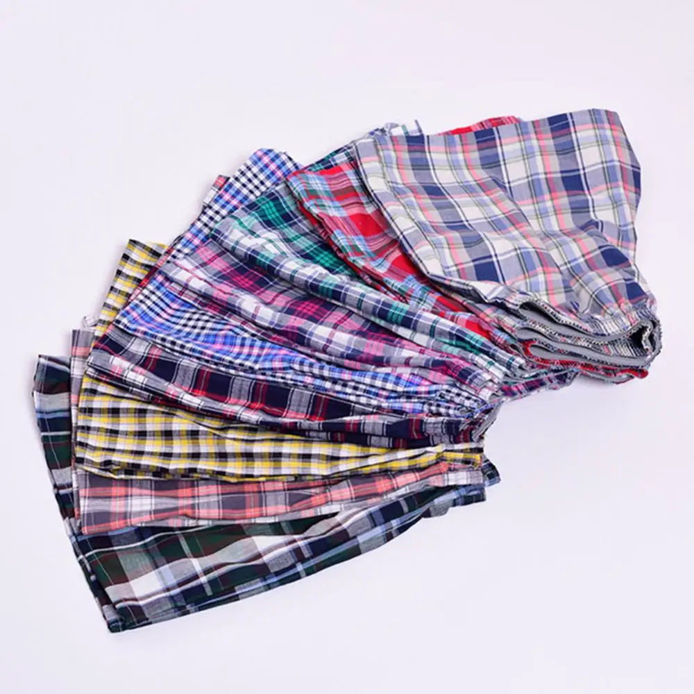 Casual Plaid Print Elastic Waist Men Underwear Summer Beach Pants Boxers Shorts Loose Wide Leg Cotton Short Home Bottoms Trunks