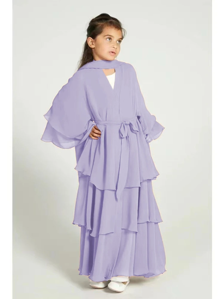 Ramadan Eid Muslim Sweet Girl Abaya Chiffon 3 Layers Cake Dress Kids Abayas Dubai Arabic Islam Abayas Children Robe Cardigan