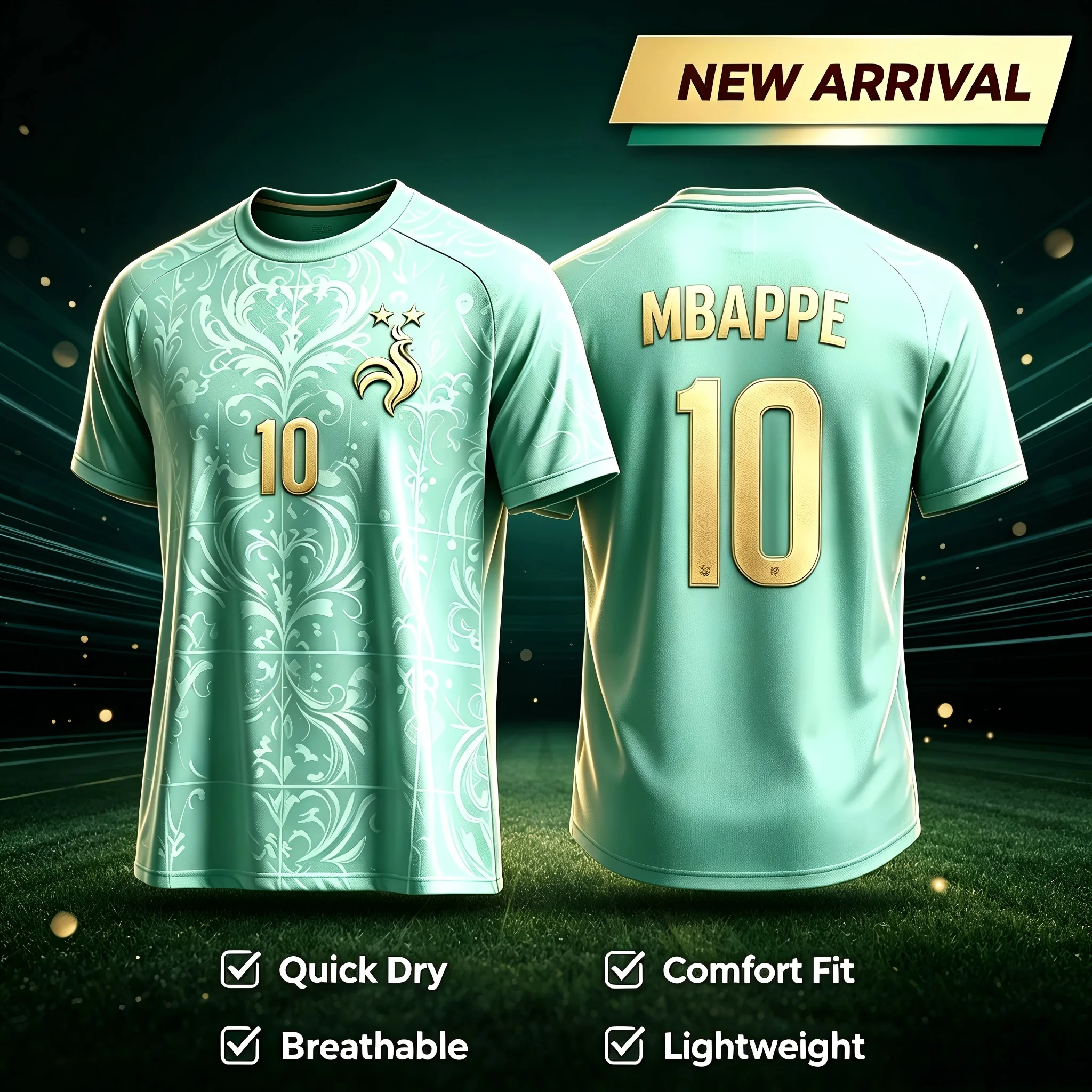 Mens Fashion Young - Frankreich Mintgrünes Fußballtrikot # Goldbedrucktes Fußballtrikot,
