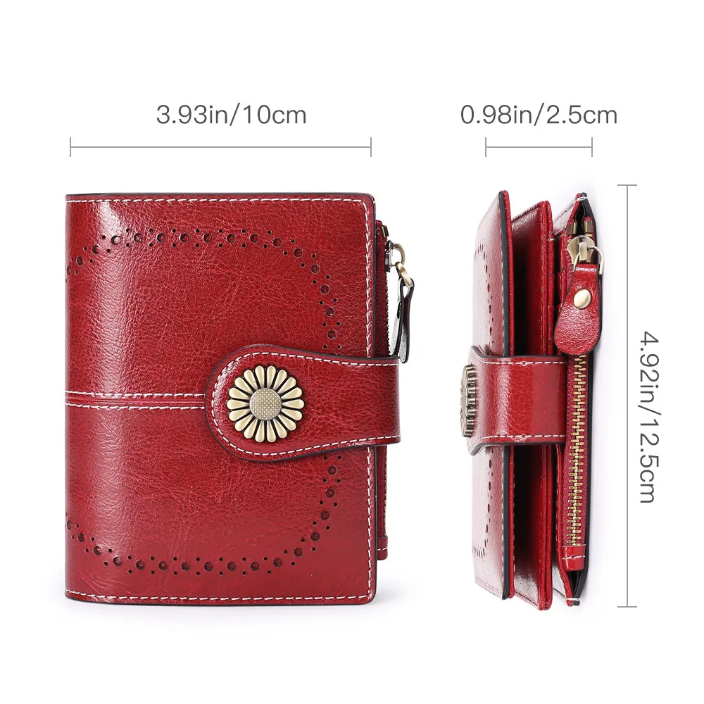 Women's Genuine Leather Wallet Vintage Retro Female RFID Purse Multi Function Lady Coins Bag Trifold Card Holder Gift for Mom