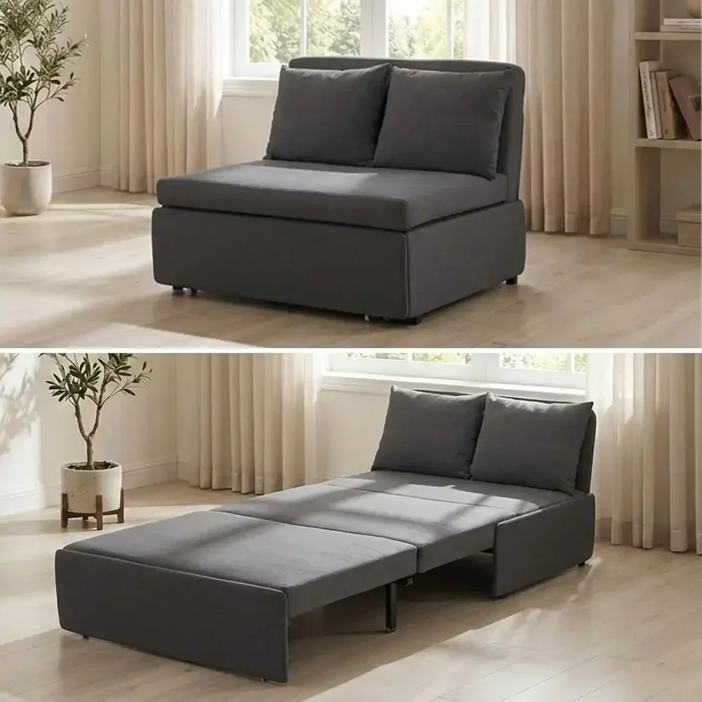 Twin Size Pull Out Sofa Bed with 3.9 Mattress and Pillows, Grey Living Room Furniture
