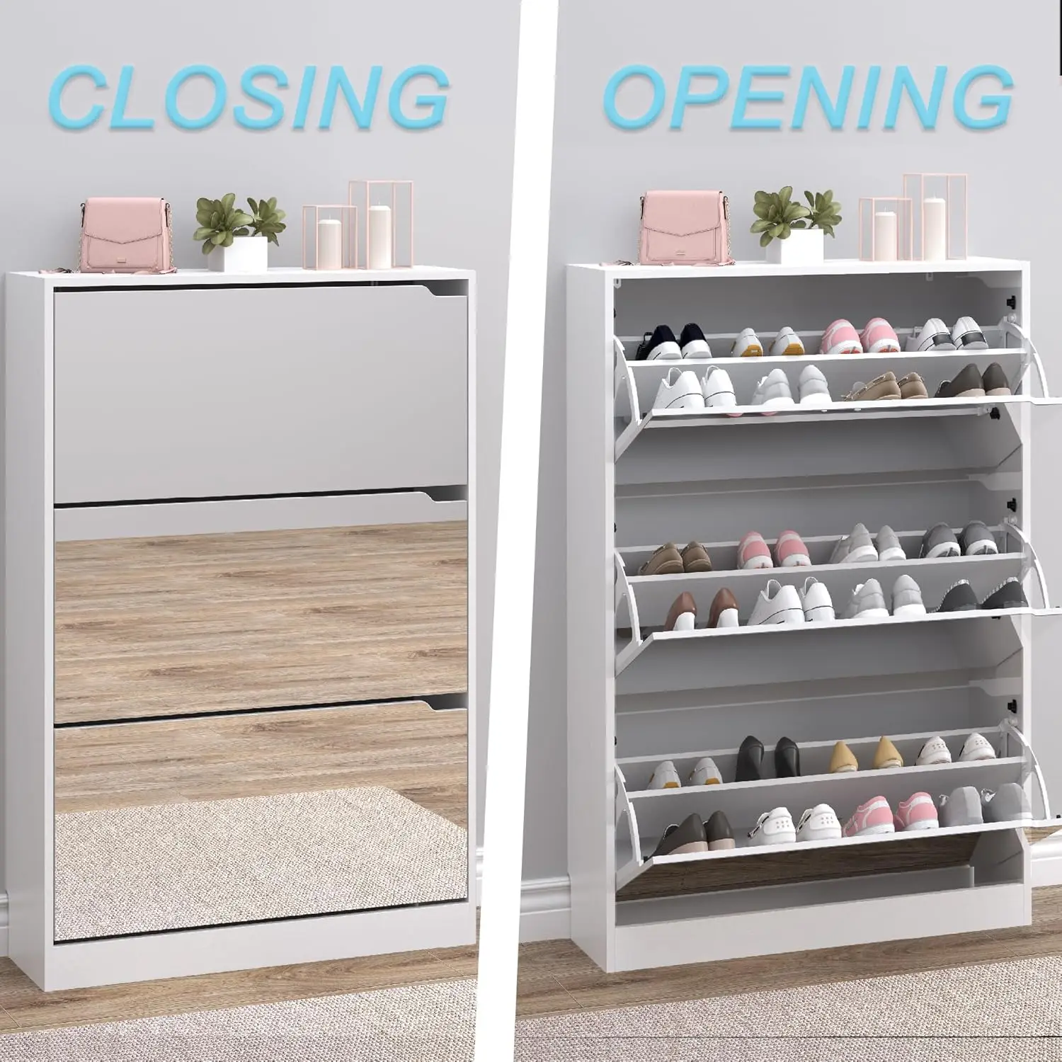 Shoe Cabinet with 3-Flip Mirror Drawers, Freestanding Shoe Rack Organizer with Hidden Handle image 5