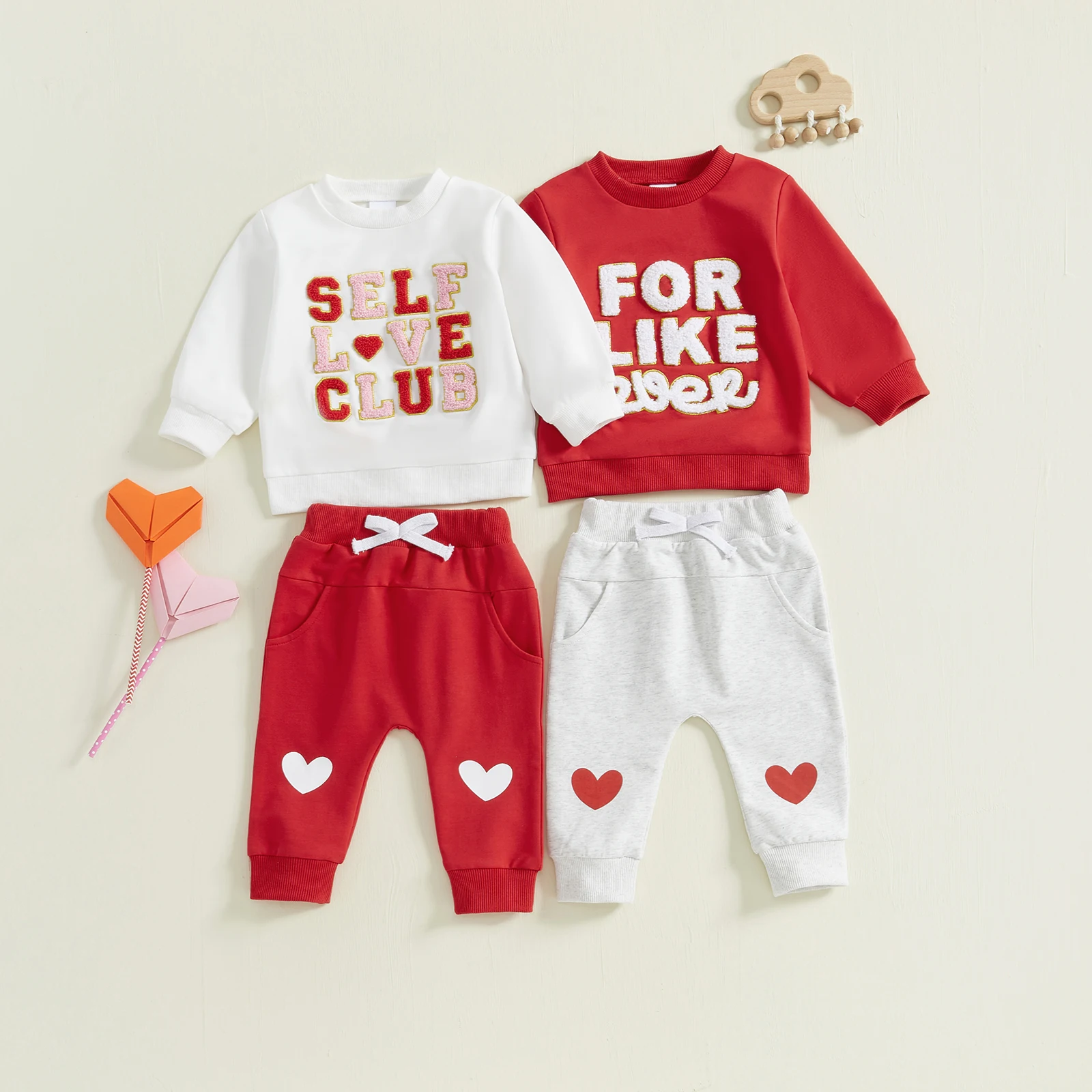 Baby Valentines Outfit Letter Embroidery Long Sleeve Sweatshirt and Heart Print Pants Set for Newborn Fall Clothes