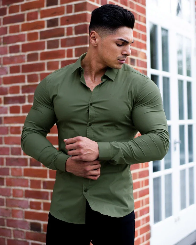 

Autumn Fashion Long Sleeve Shirt Men Super Slim Fit Male Casual Social Business Dress Shirt Brand Men Fitness Sports Clothing