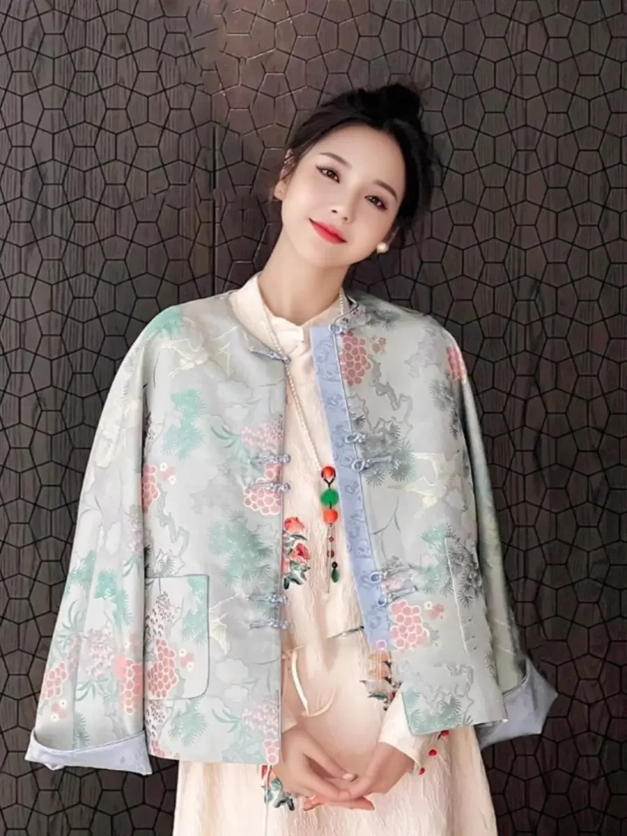 

New Chinese Style Printed Cotton Tangsuits Jacket For women's Winter New Retro Jacquard Cotton Jacket Lady Elegant Vintage Coat