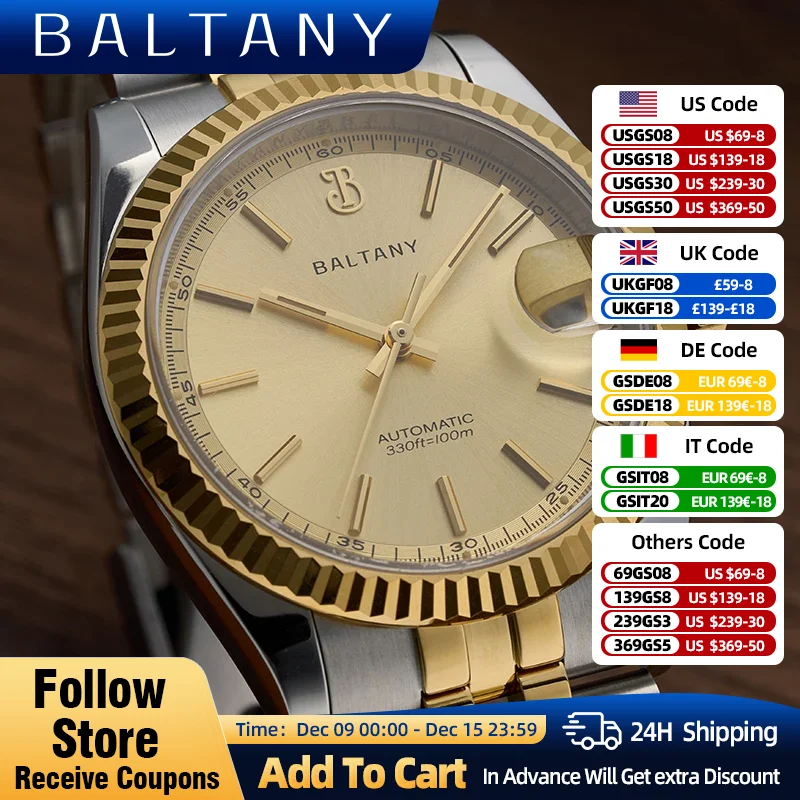 Baltany 36mm Gold Retro Wristwatch Fluted Bezel Vintage  Luminous Date Bracelet 10ATM Waterproof NH35 Automatic Dress Watch Men