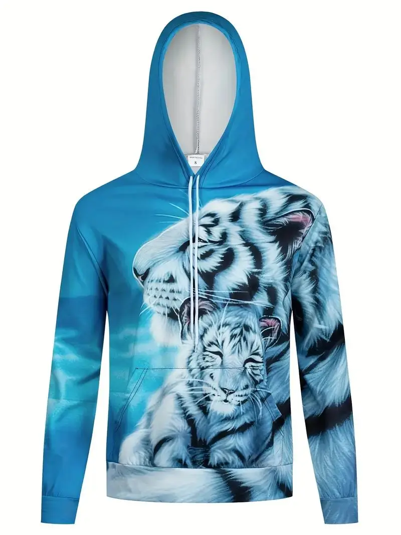 Men's 3D Tiger Graphic Hoodie, Active Slightly Stretch Breathable Hooded Sweatshirt For Outdoor 2023 Autumn and Spring Fashion