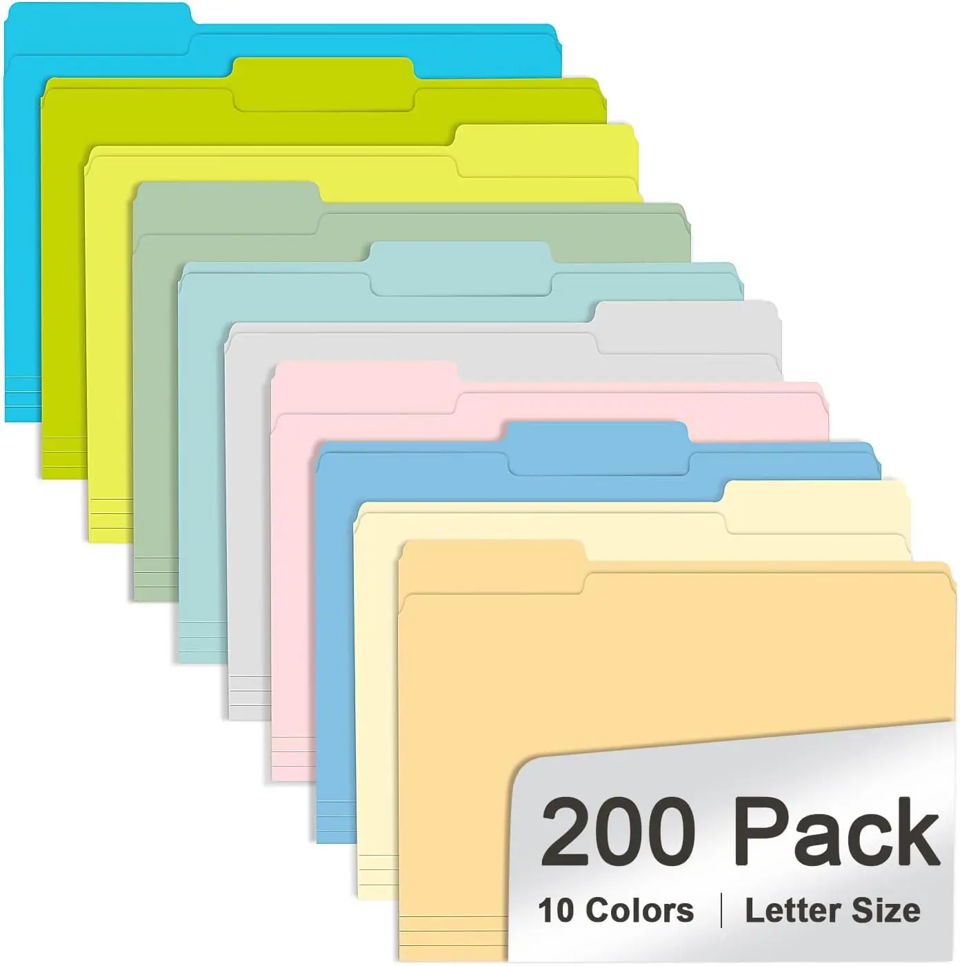 

200 Pack Colored File Folders, Letter Size with 1/3 Cut Tabs, Assorted 10 Colors for Office School Business Organization