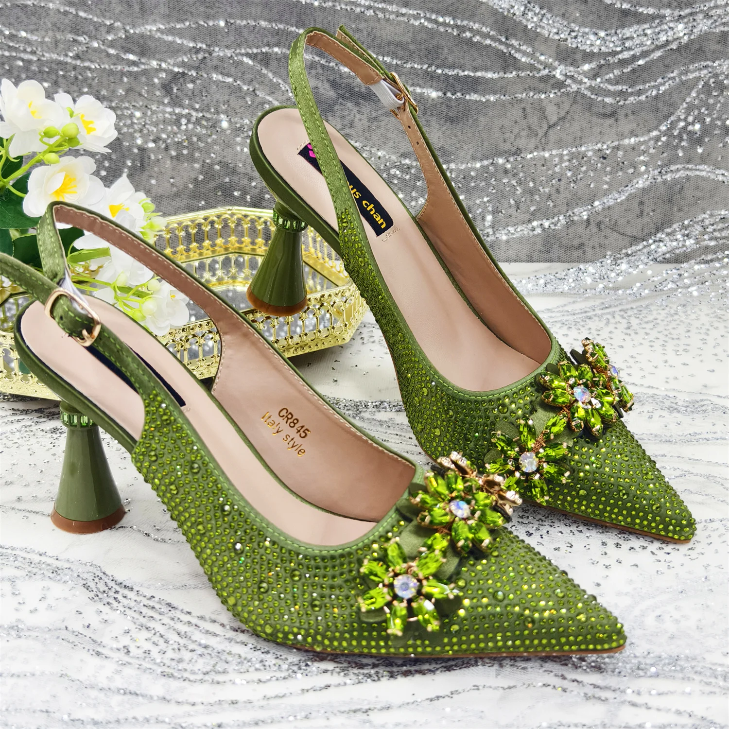Nigeria Summer Hot Style Fashion Olive Green Flash Diamond Decoration Pointed High Heels Party Shoes Ladies Shoes And Bags