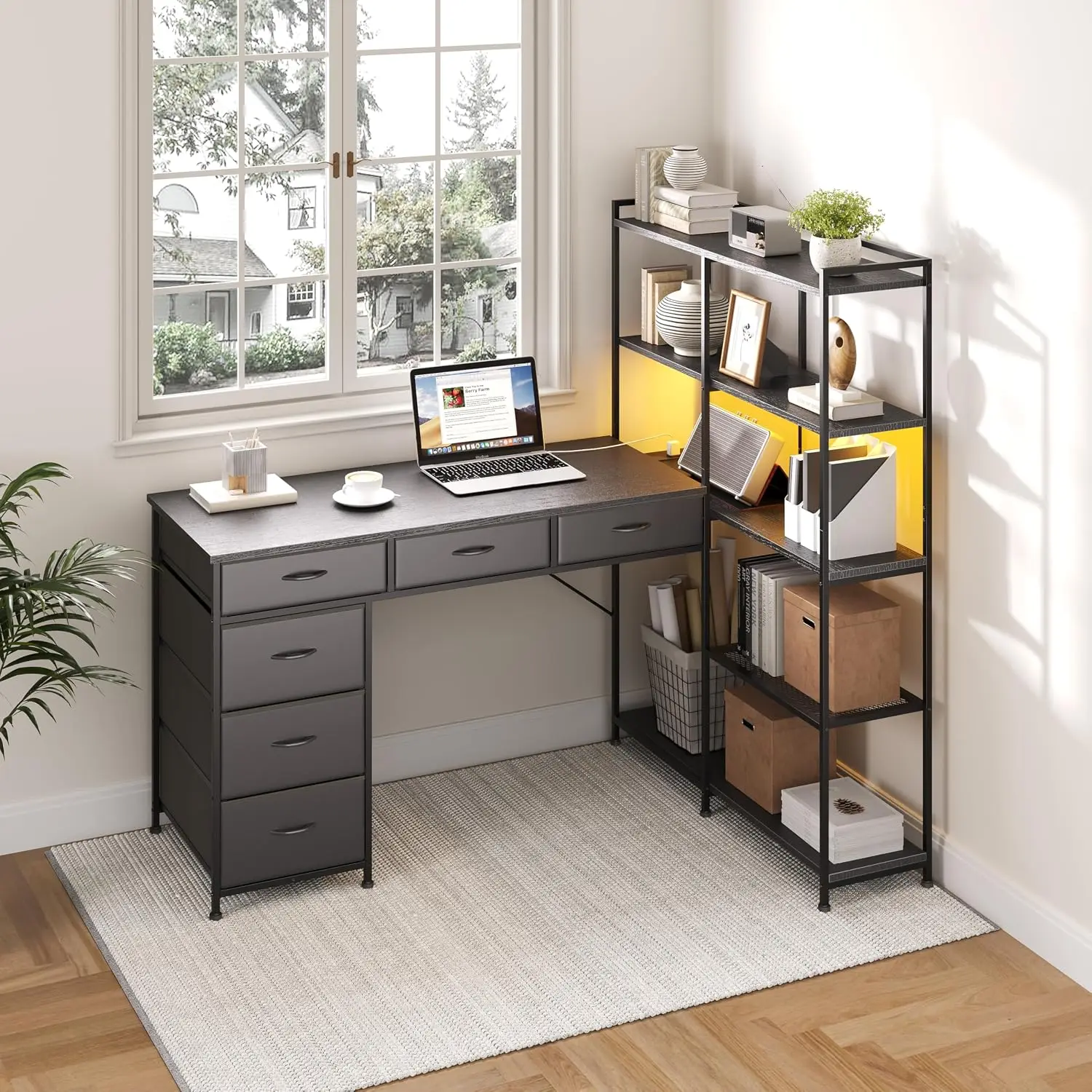 L Shaped Gaming Desk with 6 Drawers & 5 Shelves, Power Outlet & RGB LED Light, Home Office PC Table, Black, Customized