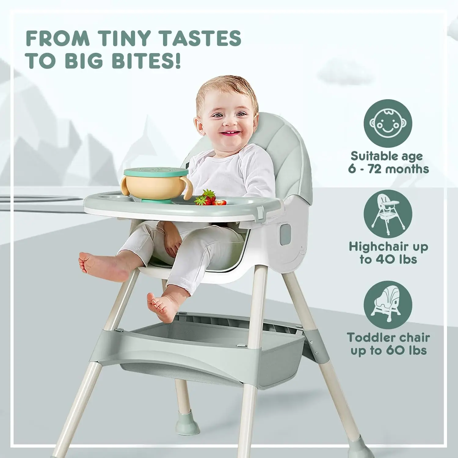 Baby High Chair for Toddlers with Removable Tray, Wheels & Safety Belt (Green)