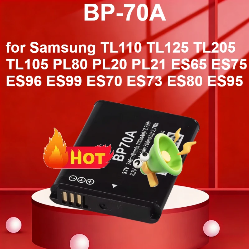 

BP-70A for Samsung TL110 TL125 TL205 TL105 PL80 PL20 PL21 ES65 ES75 ES96 ES99 ES70 ES73 ES80 ES95 3.7V 740mAh Camera Battery
