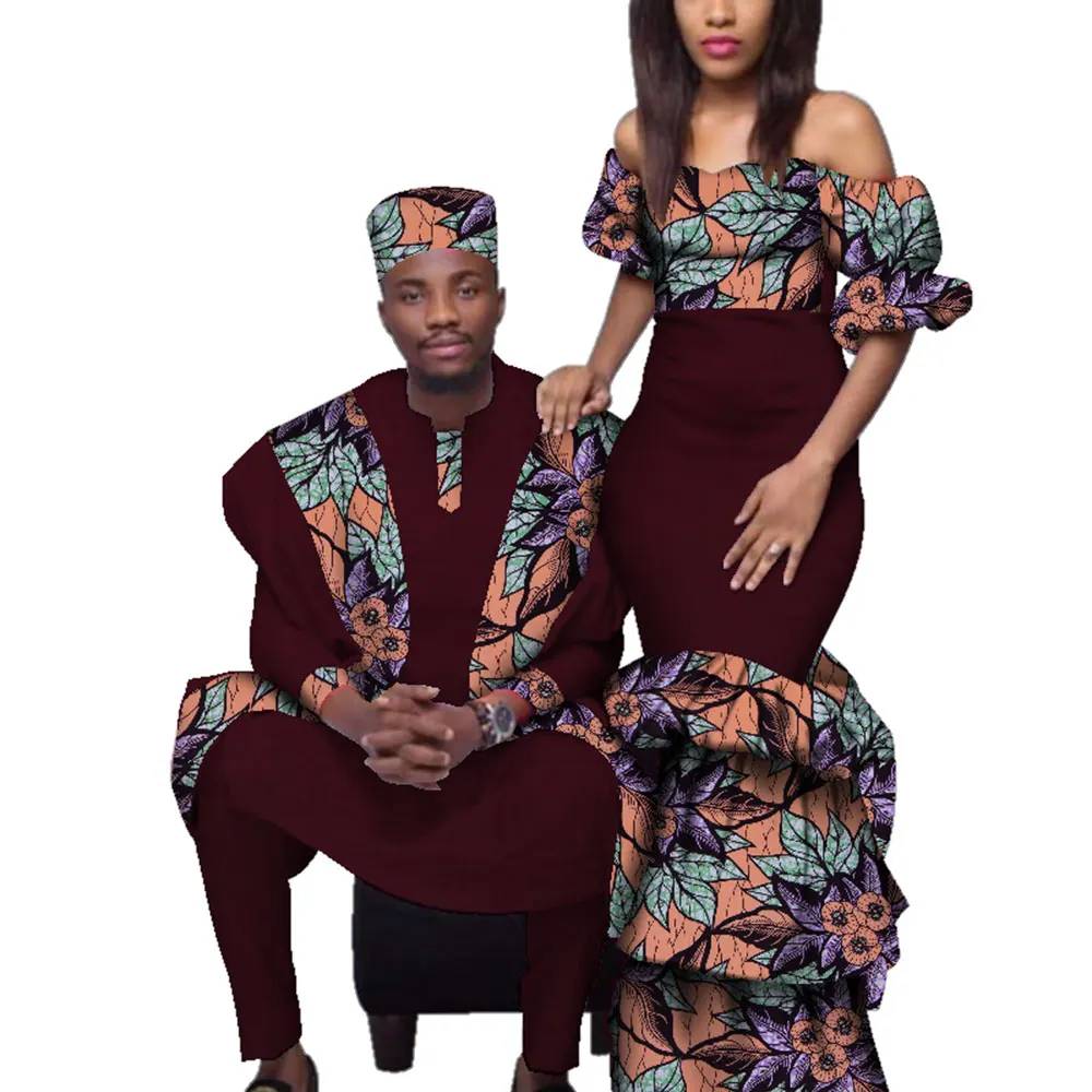 

African Couple Clothes Dresses for Women Bazin Riche Long Dresses African Men Print Gown Robe Top and Pants Trousers Suit