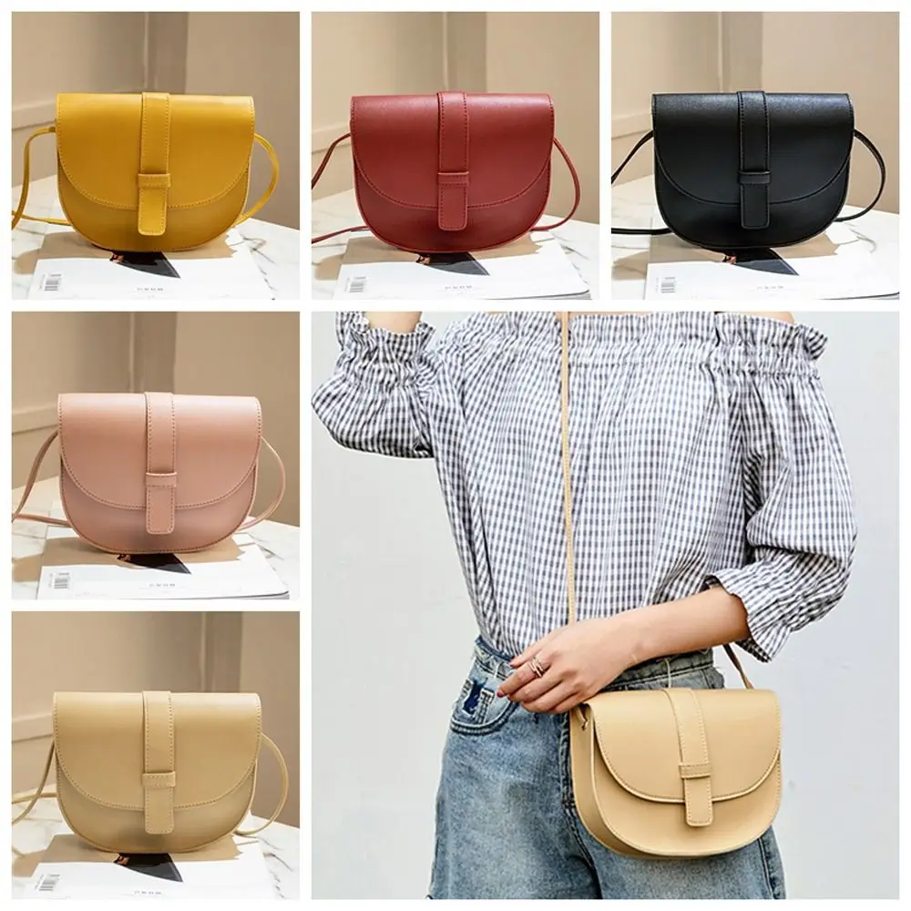 

Vintage Flap Leather Saddle Bag Large Capacity Solid Color Shell Shoulder Bag Korean Style Handbag PU Crossbody Bag Girls