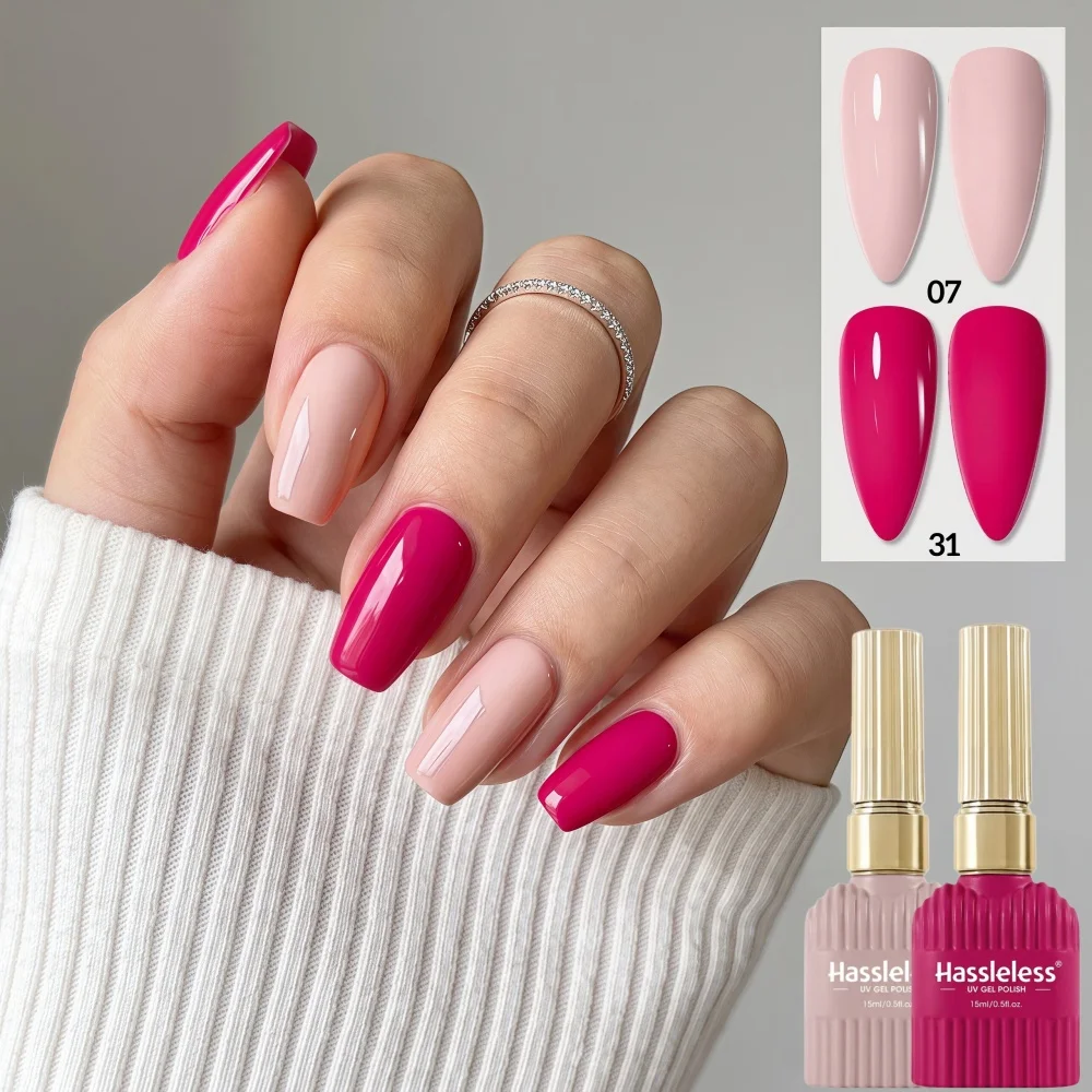 Hassleless 2Pcs Two-Tone Nail Polish Gel Set: Light Nude Pink, Dragon Fruit Rose Red, High Saturation, Glossy Solid Color Gel, Sweet and Cool Color Contrast, Create Unique Trendy Nail Art, Suitable for Simple Nail Desi