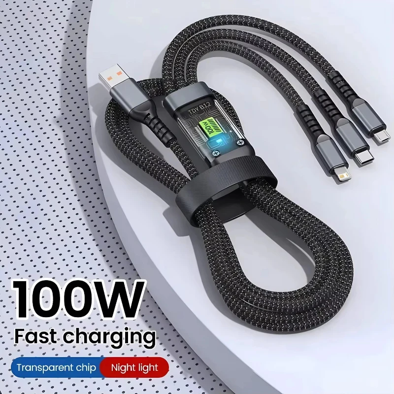3-In-1 Super Fast Charging Cable 3-In-1 Charging Cable With Transparent Illuminated Braided Nylon Wire Fast Charging Data 2026