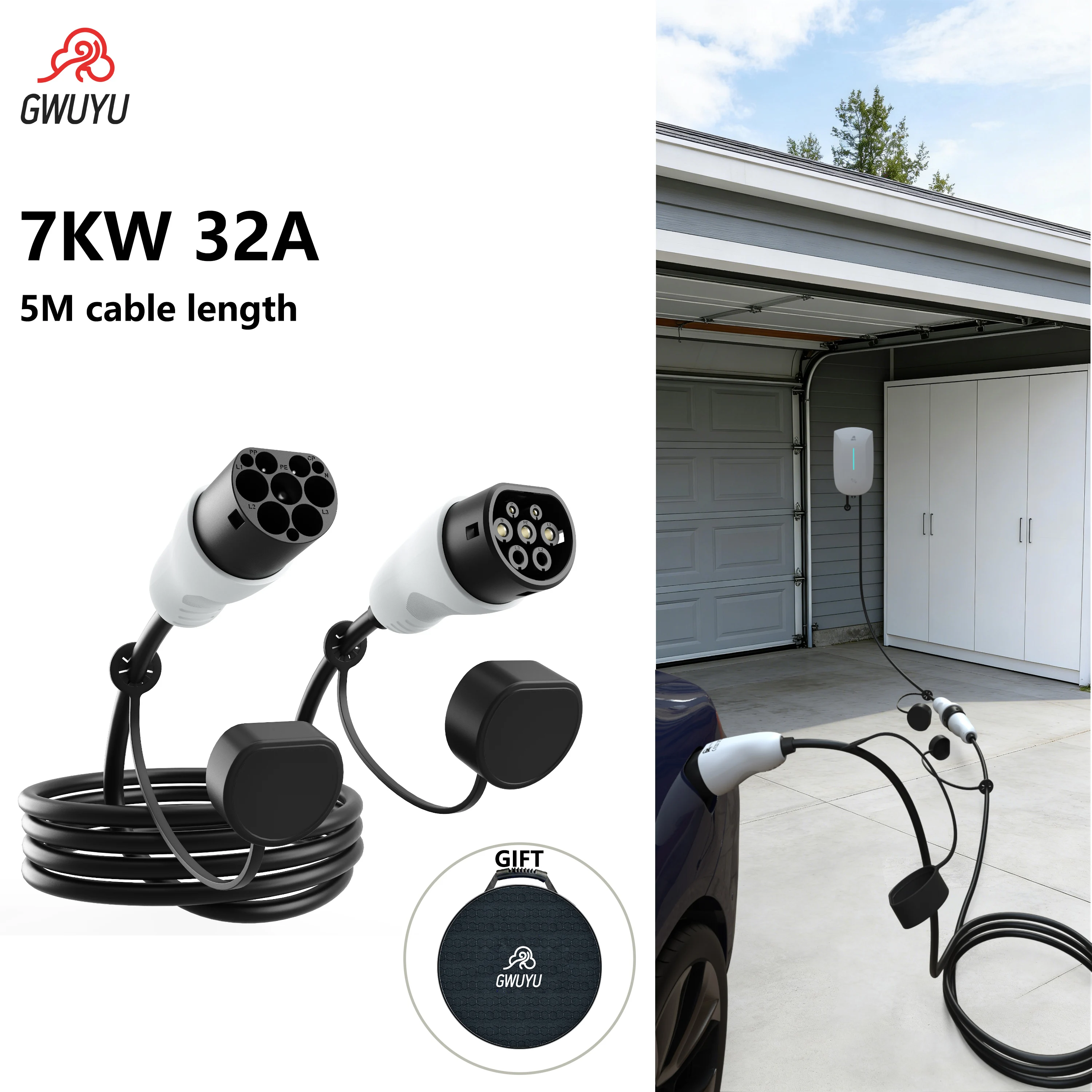 GWUYU Type2 EV Charging Extension Cable 7KW 11KW 22KW 16A 32A IEC62196 European Standard EV Charger Cord