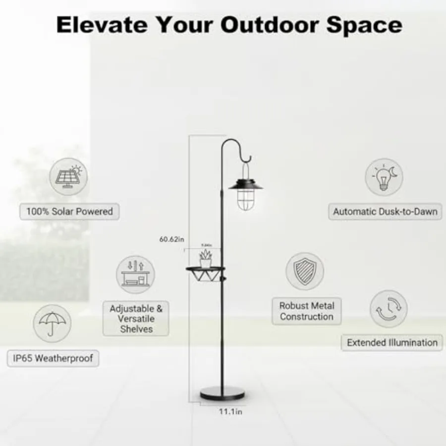 Solar Floor Lamp with Table, 60" Outdoor Shepherd Hook with Solar Light Waterproof Metal Side Table for Patio, Heavy Duty Solar view 2