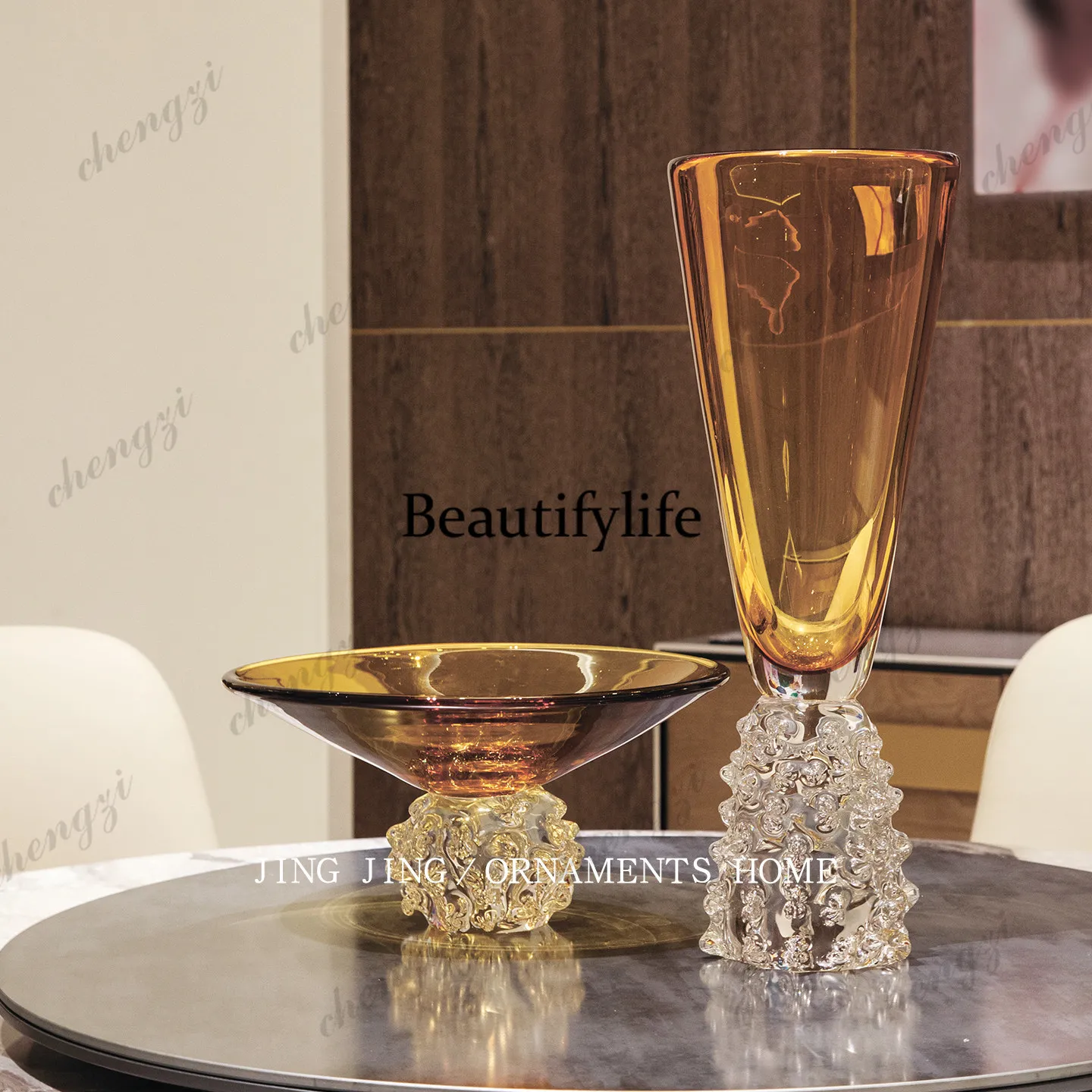 Light luxury amber tall wine glass vase ornament, flower arrangement, living room, coffee table, dining table, flower vessel
