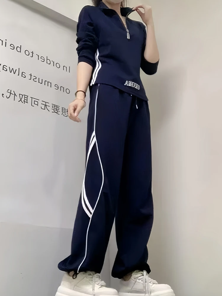 

Новинка 2025, осенний повседневный комплект из двух предметов, женский воротник с лацканами и полумолнией, облегающий пуловер + спортивные штаны, комплект с цветными блоками