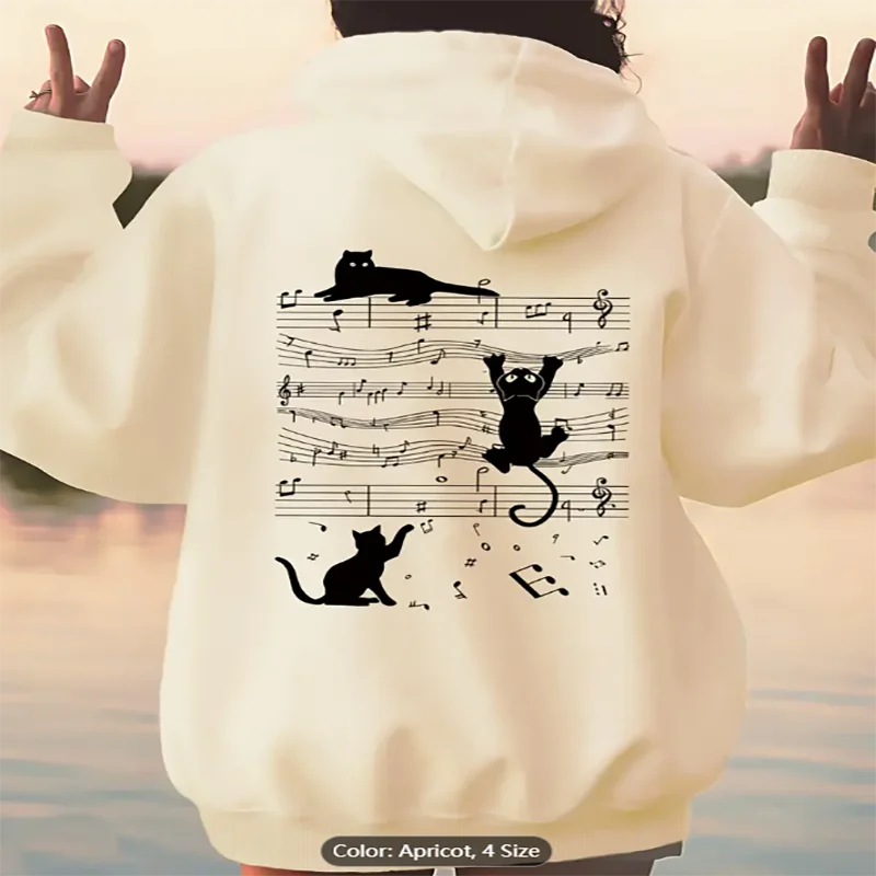 

Женская абрикосовая толстовка с музыкальной нотой и графическим принтом кота, толстовка с капюшоном на шнурке большого размера, повседневная художественная одежда