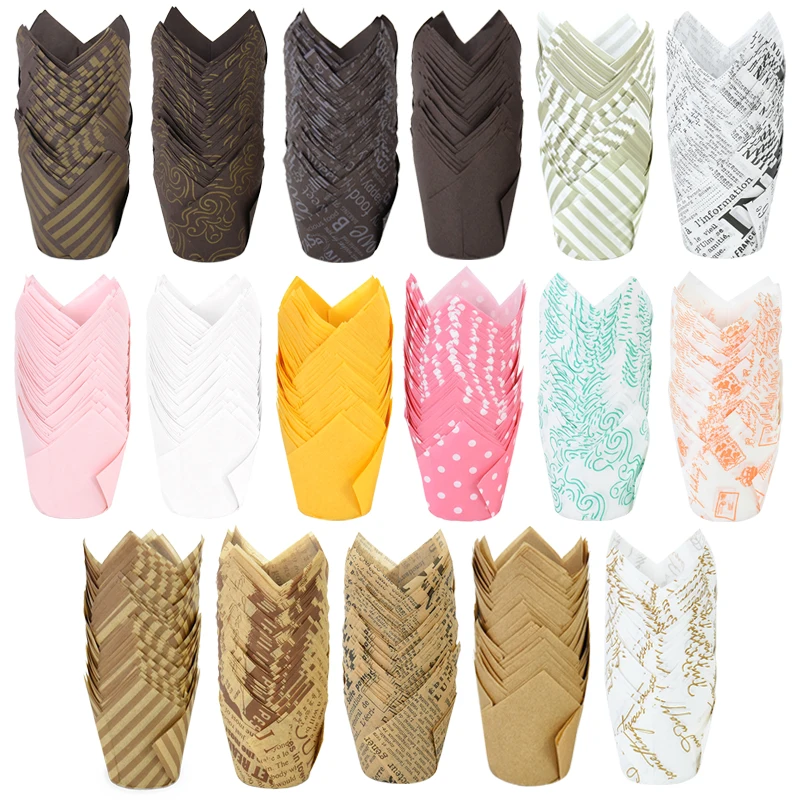 50Pcs Newspaper Style Cupcake Liner Baking Cup Tulip Muffin Cupcake Paper Cup Oilproof Cake Wrapper Wedding Party Bakeware Tools