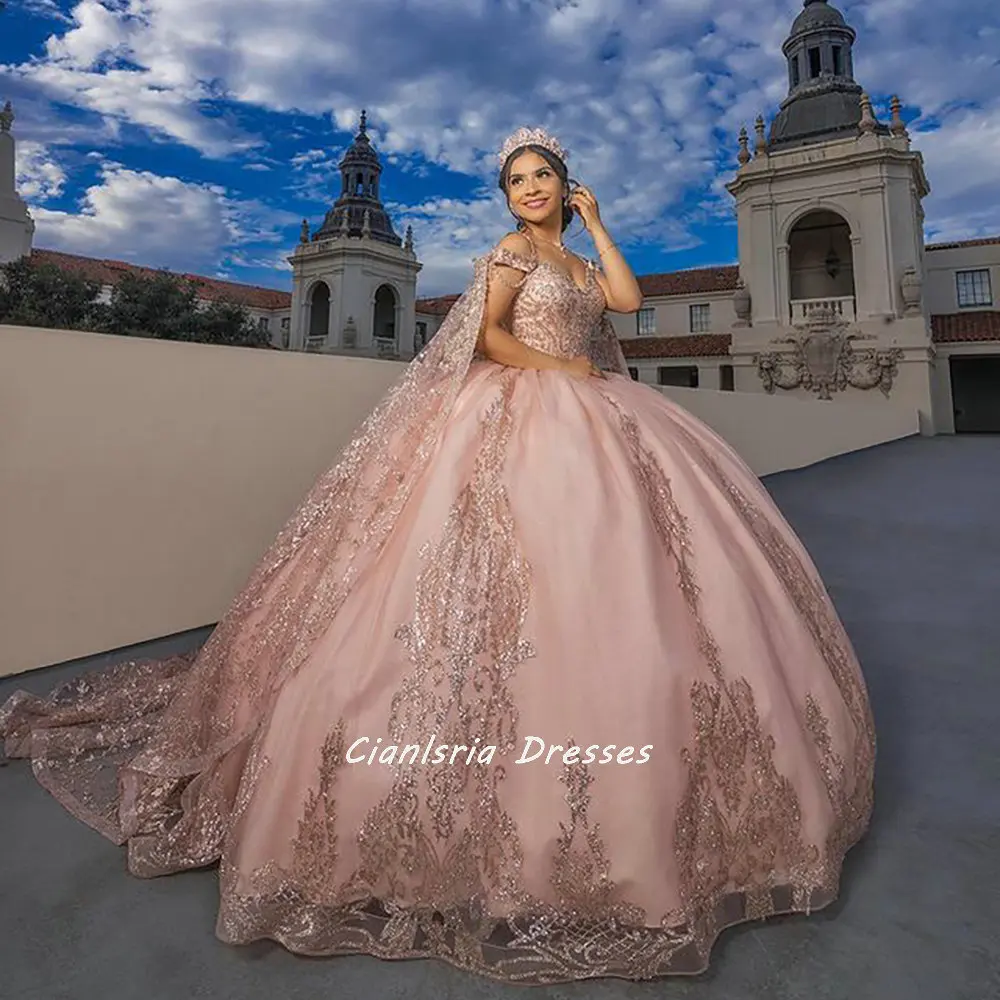 Apliques de cristal rosa vestido de baile aberto, vestidos sem mangas Quinceanera, capa destacável, querida, 15 e 16 anos