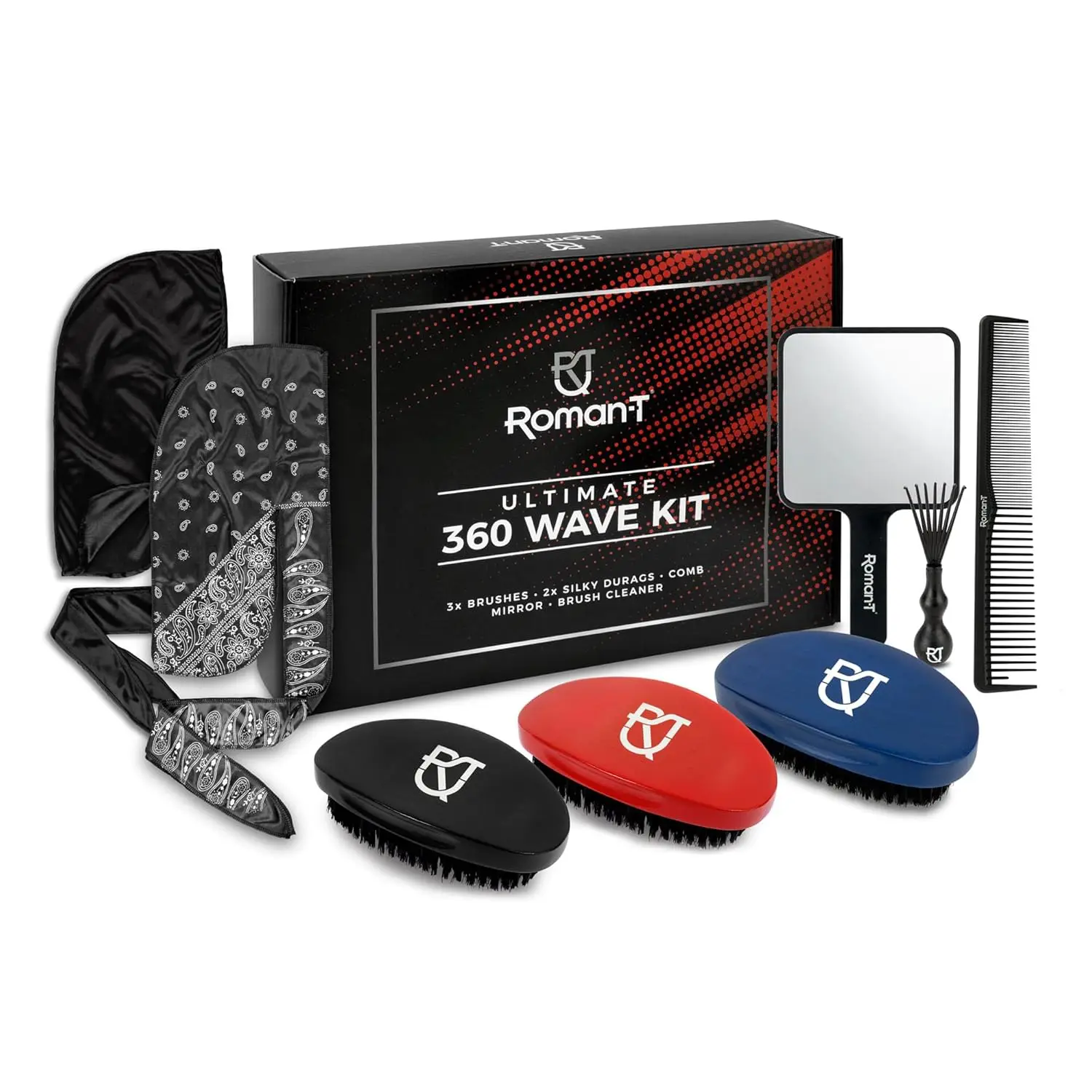 

8-in-1 Men's Grooming Kit for 360 Waves with Brushes, Durags, Mirror & Cleaner - Black Gift Set