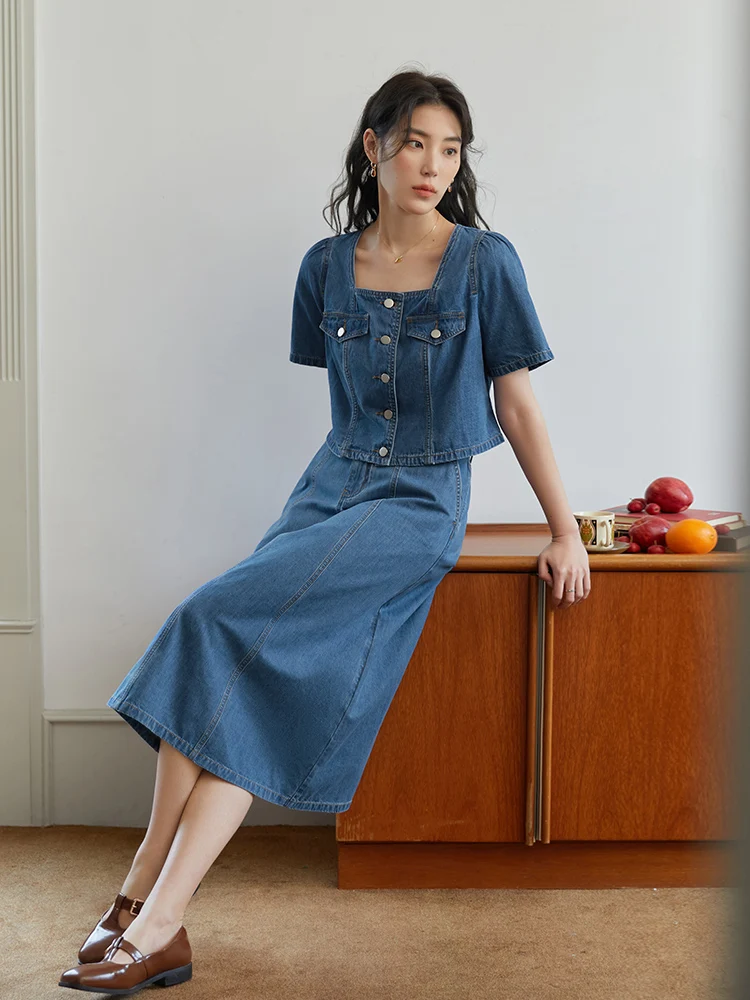 DUSHU Office Lady American Retro Denim Skirt Set For Summer 2023 New Short Tops For Women Loose Causal  Denim Set For Women