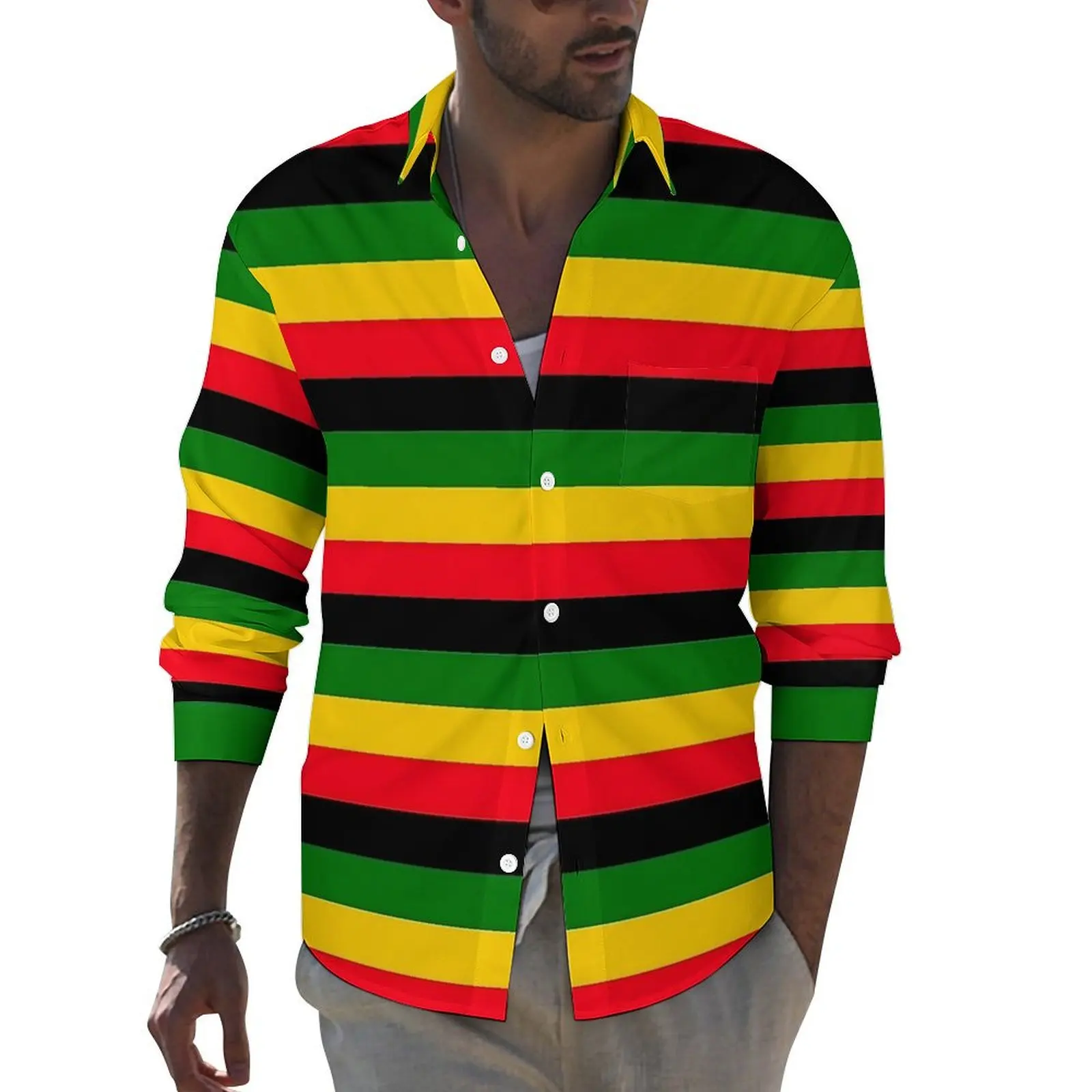 Jamaican Flag Street Casual Shirt Men Green Yellow Red Stripes Shirt Spring Vintage Blouses Long Sleeve Custom Oversized Clothes