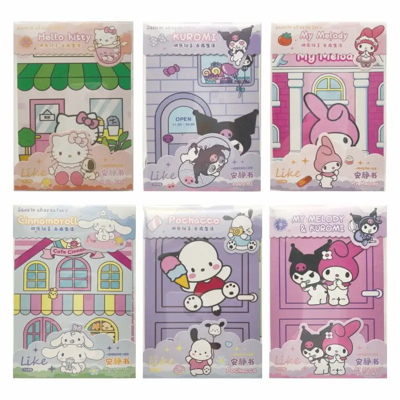 MINISO lindo Hello Kitty Kuromi Melody libro de pegatinas de dibujos animados para niños, No cortado, hecho a mano, libro silencioso, juguetes para