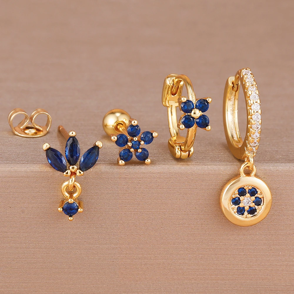 4-teiliges Modisches Funkelndes Dunkelblaues Zirkon-Ohrringe-Set für Damen 14K Vergoldete Blumen-Hängeohrringe Piercing-Schmuck Geschenk