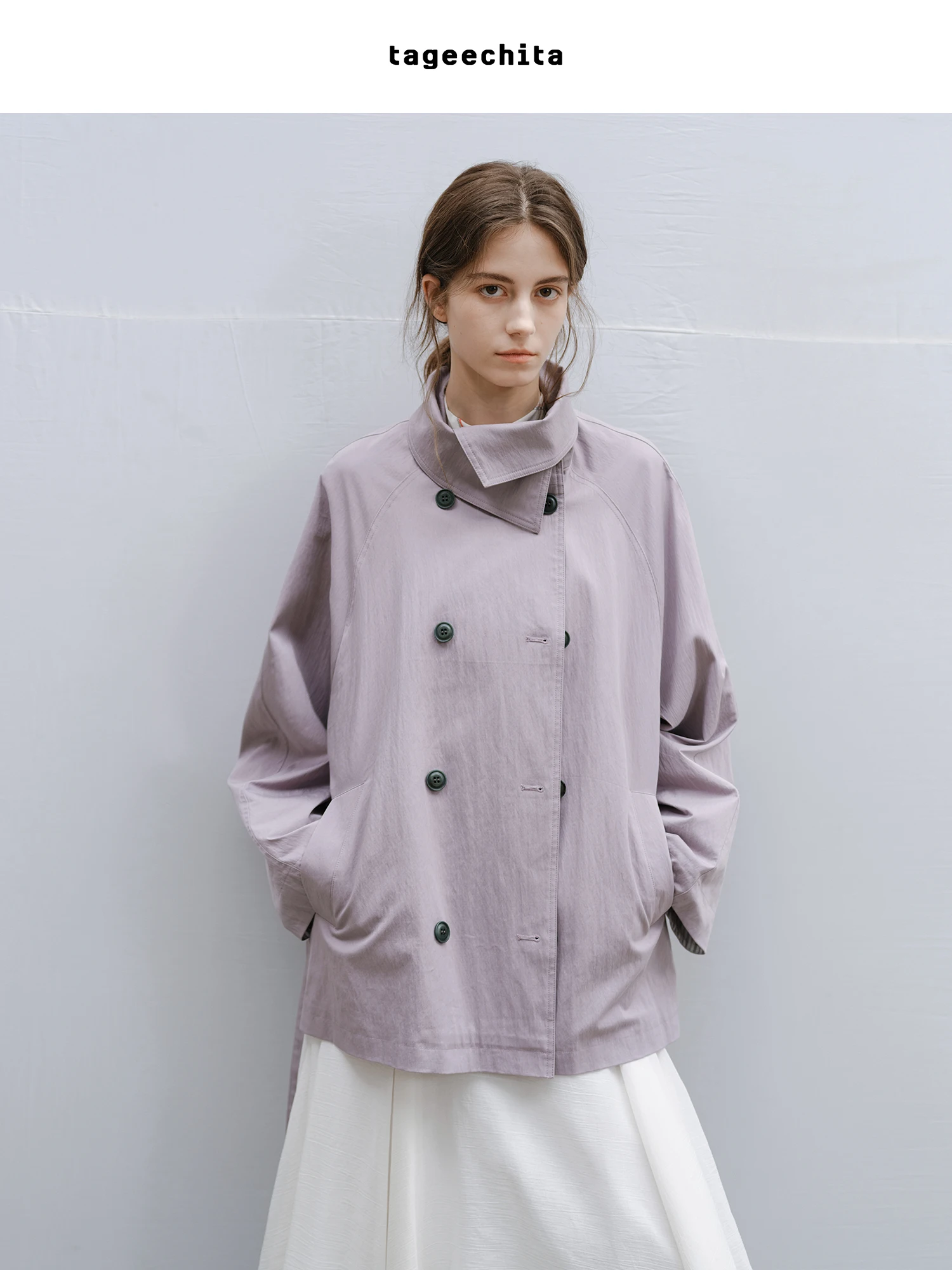 

TAGEECHITA Spring Cotton Texture oulder Sve Coat High Collar Belted Mid-Length Windbreaker Women's Faion Outerwear