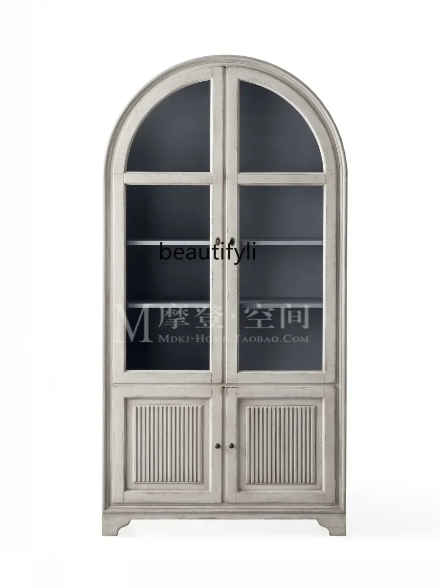 

A13 American French solid wood bookcase retro white old living room display, display cabinet arched, wine cabinet