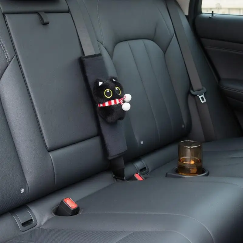 Black Cat Plush Car Seat Belt Cover Soft Comfy Add Fun to Driving for Cat Fans Auto Interior Decoration Gift