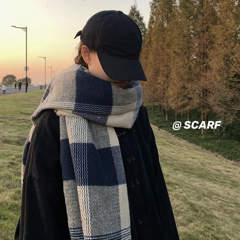 

Plaid Cashmere Scarf Women's Winter Scarf Wool Knitted Korean Warm Couple Striped Scarf Ins Scarves For Men Women