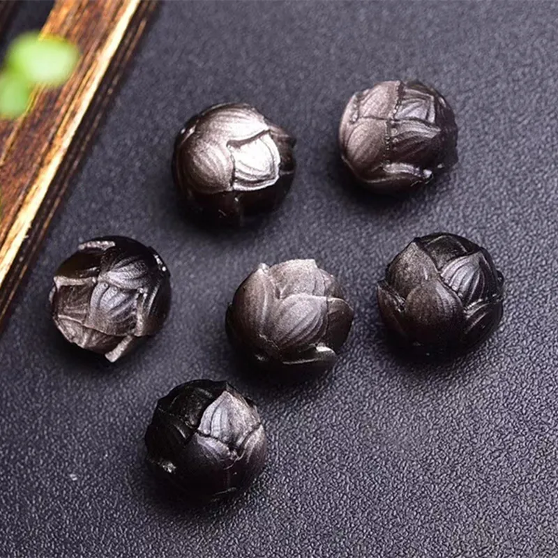 Fengbaowu Natural Silver Obsidian Lotus Beads Jewelry Making For Pendant Bracelet Earring Reiki Healing Stone DIY Accessories