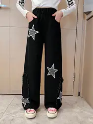 Girls' medium and large kidsren's printed five-pointed star jeans spring & fall single piece