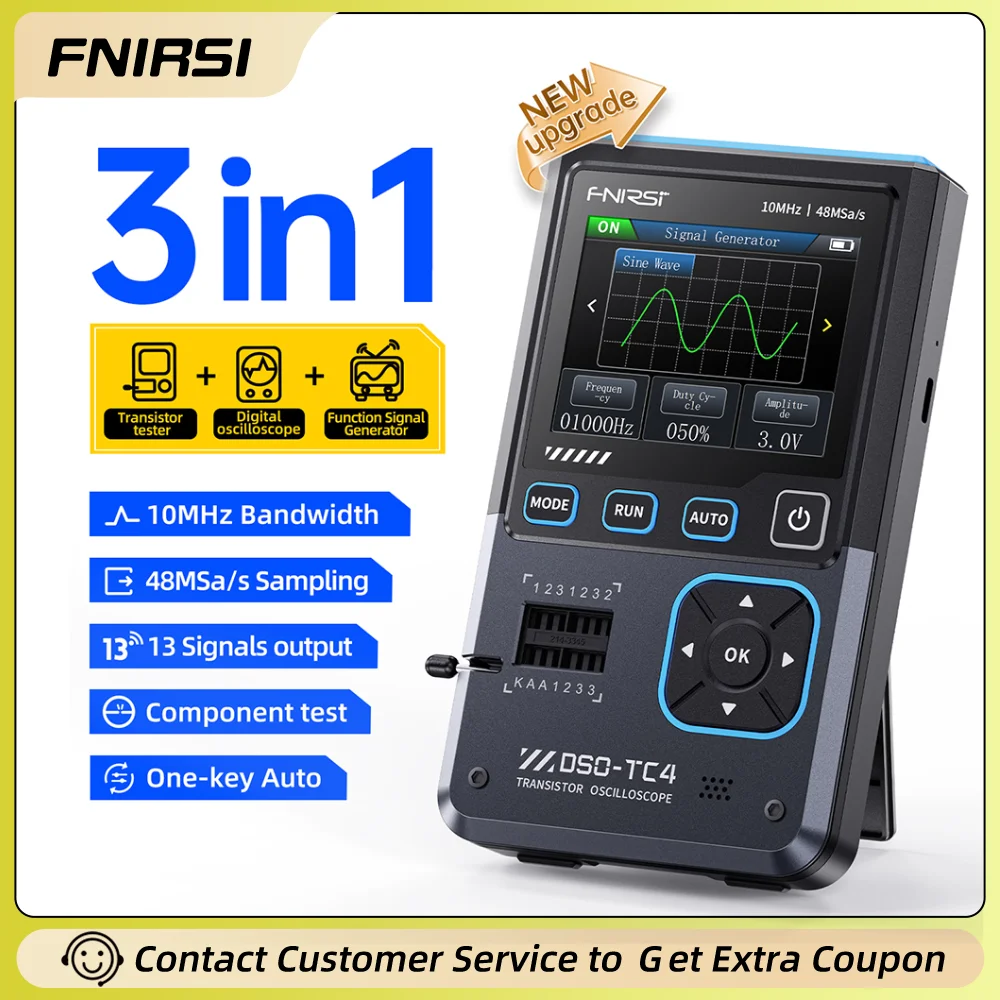 

FNIRSI DSO-TC4 Цифровой осциллограф, полоса пропускания 10 МГц, частота дискретизации 48 Мвыб/с, 3IN1, 3,7 В/1500 мАч, мультиметр, тестер транзисторов