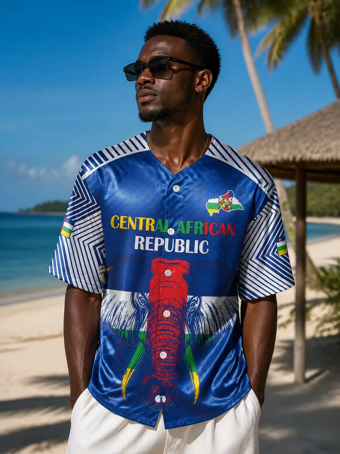 Pispool's shirt from Central African blue tongue, my men's shirt loose with the elephant pattern of beach vacations, new arrival