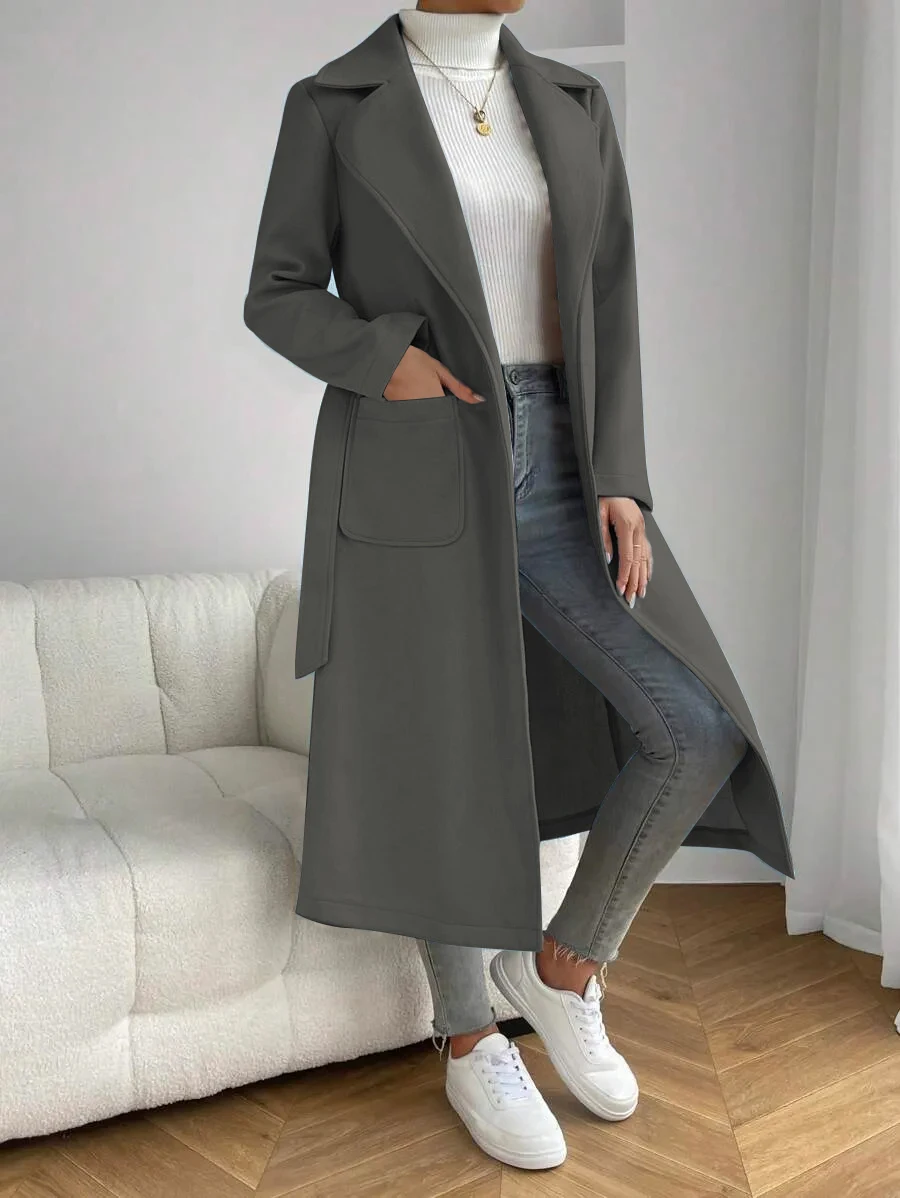 أزياء المرأة طويلة الأكمام الخريف الشتاء معطف طويل سترة واقية الخصر محكم سليم صالح السيدات ملابس خارجية