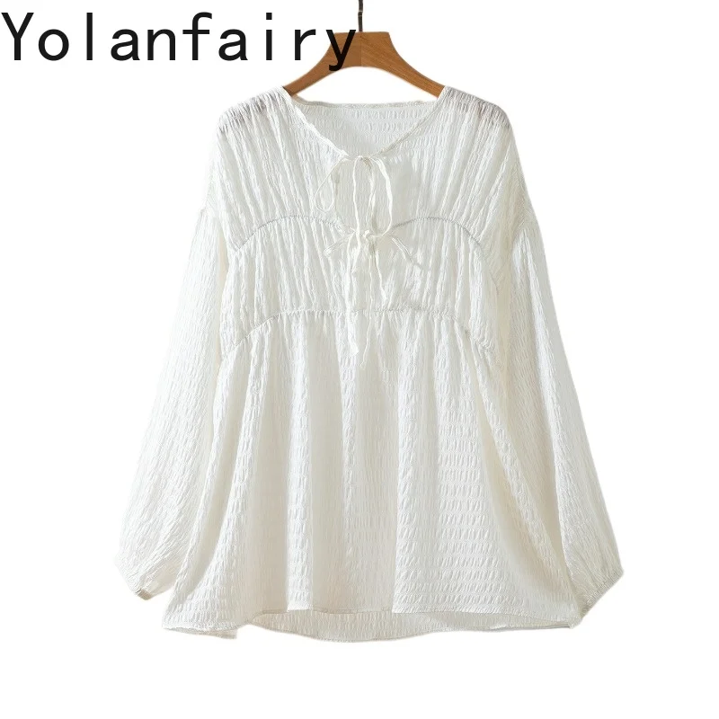 

YOLANFAIRY 93% Mulberry Silk Blouse for Woman Elegant Summer 2026 O-neck Long Sleeve Tops Romantic White Shirt Women Clothing