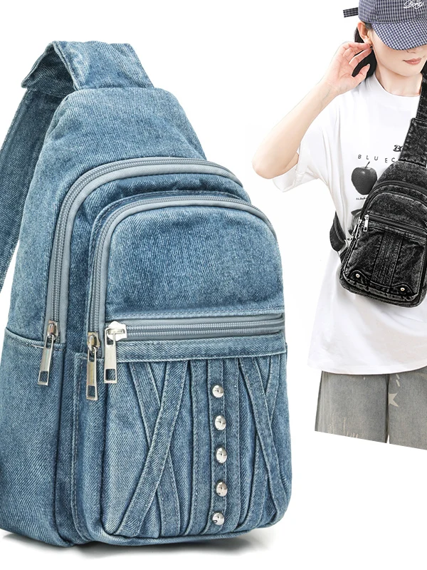 Casual Denim Crossbody Chest Bag Small Women's Bag Multi-Layer Versatile Leisure Single Shoulder Bag Diagonal Bag Fashion 2026