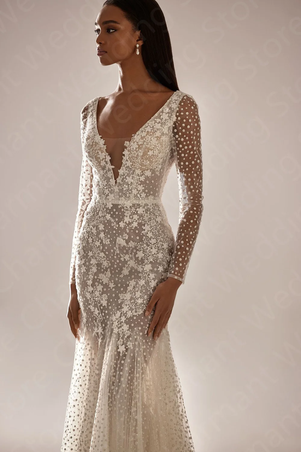 Unico in vendita abiti da sposa 2024 abiti da sposa a sirena maniche lunghe abiti da sposa scollo a V Robe de mariée Lace Back Out