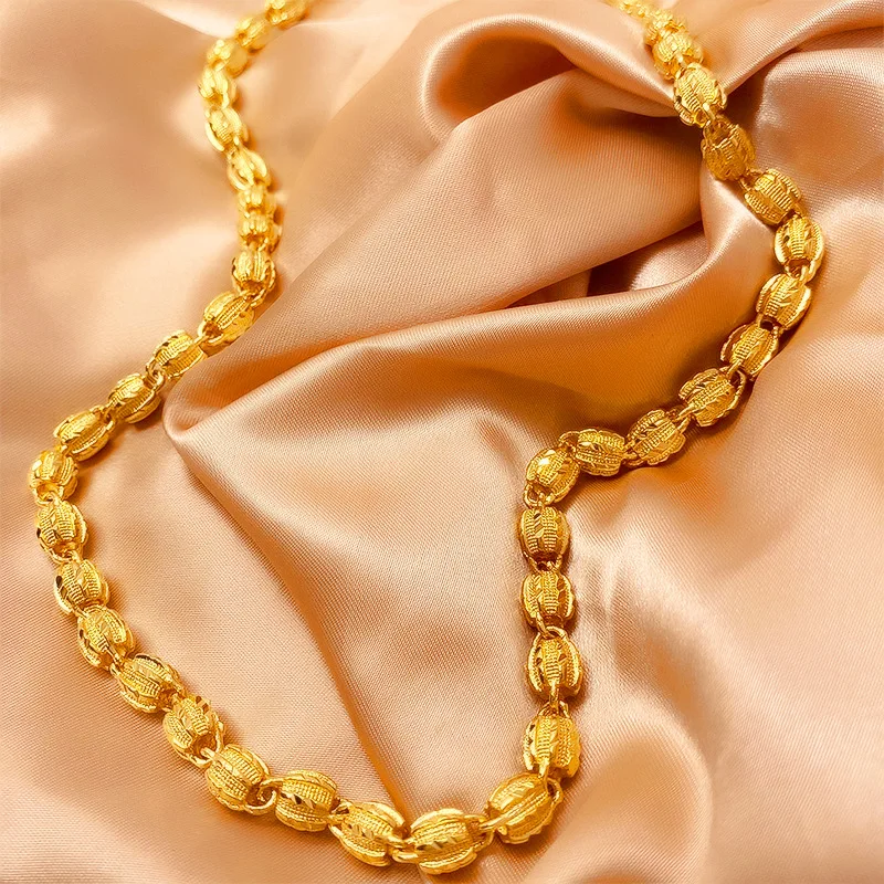 Luxury 24K 9999 Pure Gold real gold Men's Solid 7mm Watermelon Bead Necklace Boss Necklace