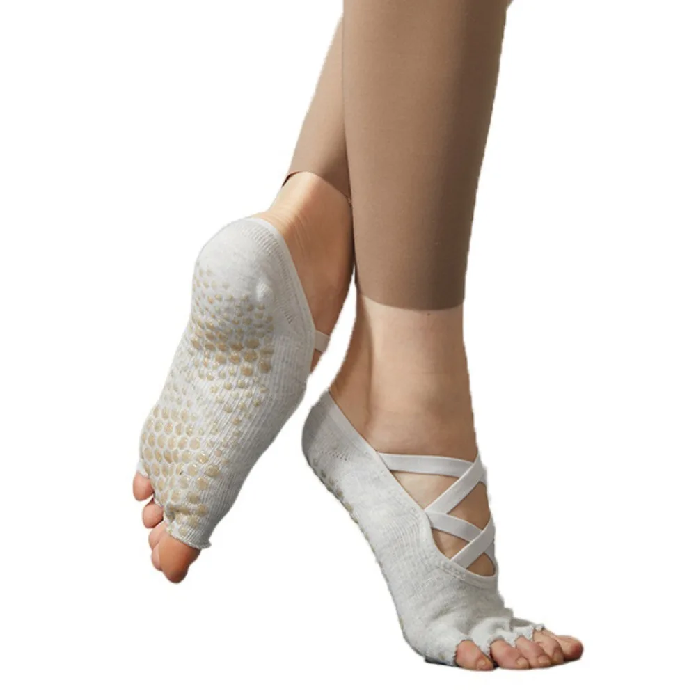 

1 Pair Anti Slip Five Finger Yoga Socks Cross Strap Half Open Split Finger Yoga Socks Elastic Heel Protector