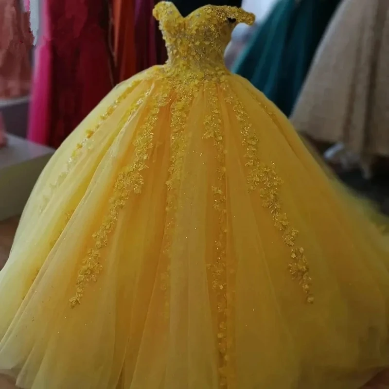 Yellow Quinceanera Dresses Appliques Long Train Flower Tull With Cape Sweet 15 16 Years Birthday Party Prom Dress Pageant Miss